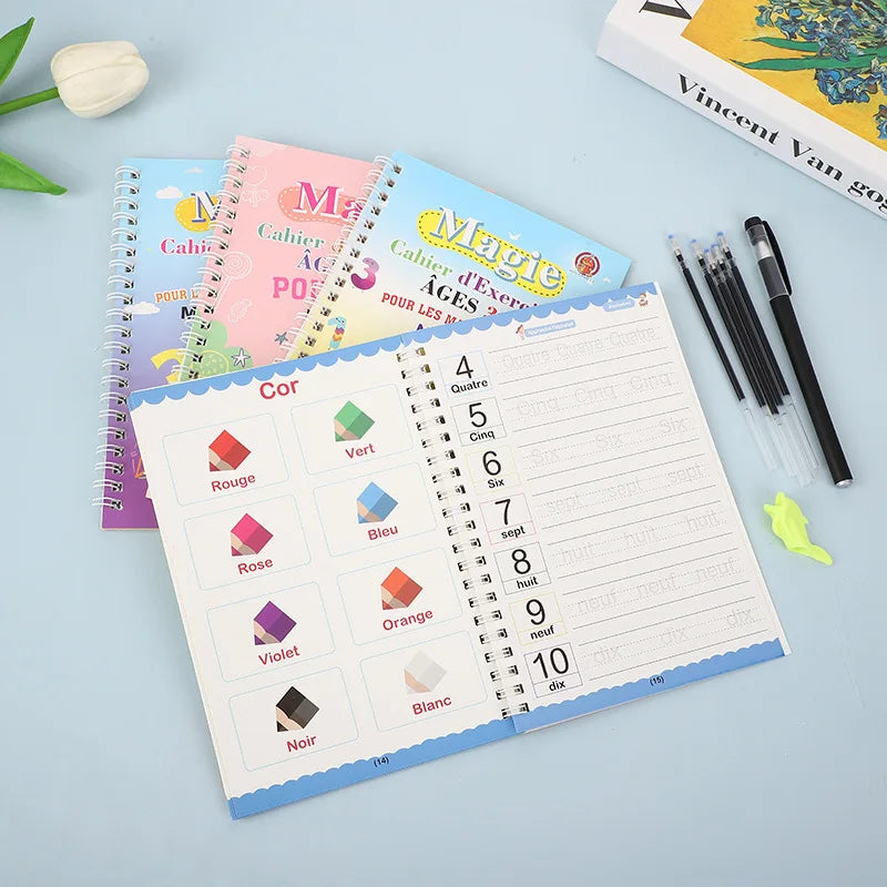 🔥Kit Complet Ardoise Magique + 4 Cahiers Éducatifs – Écriture, Chiffres, Dessin, Logique (3-8 ans)