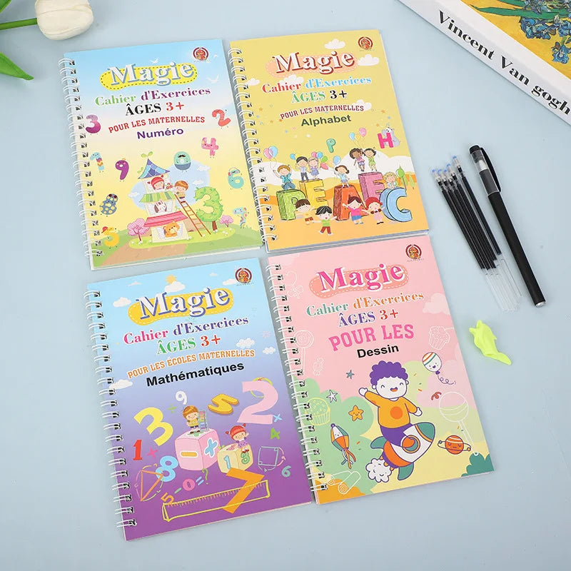 🔥Kit Complet Ardoise Magique + 4 Cahiers Éducatifs – Écriture, Chiffres, Dessin, Logique (3-8 ans)